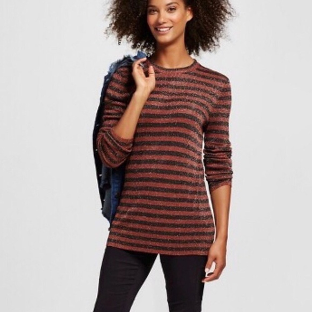 🌸3/$25 🆕 Who What Wear Metallic Brown & Black Stripe Lightweight Top, Size S